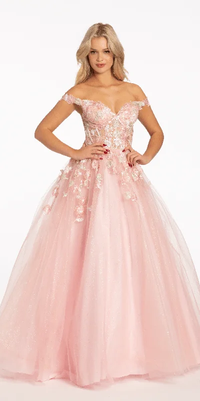 Evening dress for dazzling celebration-Off the Shoulder Tulle Ballgown with Sequin Floral Detail