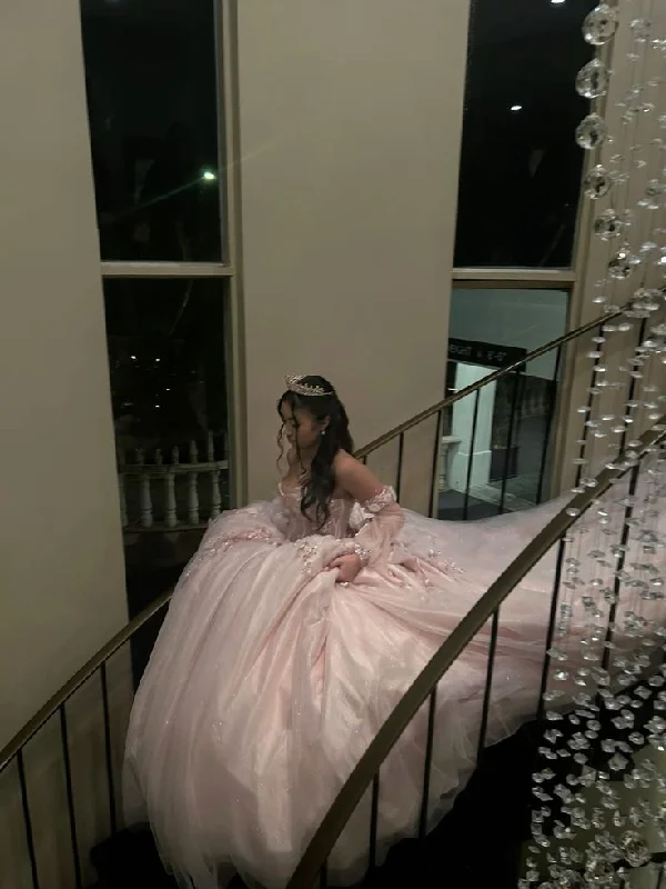 Evening dress with deep V neckline-Pink Off Shoulder Tulle Princess Sweet 16 Ball Gown Quinceanera Dress DP3857