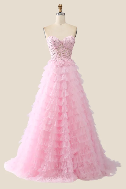 Evening dress for romantic anniversary-Pink Sweetheart Lace and Tulle Tiered Gown