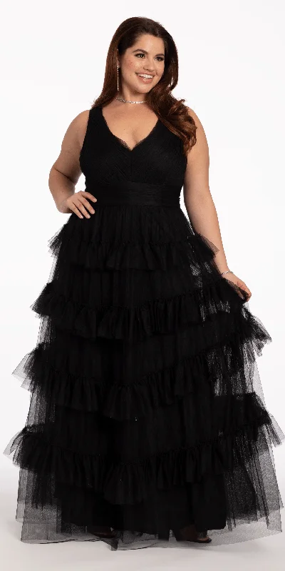 Evening dress for spectacular event-Pleated Mesh V Neck Ruffle Ballgown