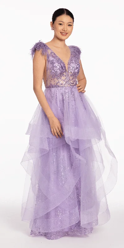 Evening dress for chic wedding-Plunging Glitter Tiered  Tulle Ballgown with Feathers