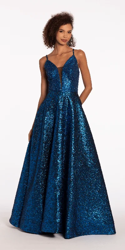 Evening dress for upscale event-Plunging Metallic Beaded Jacquard Ballgown with Pockets