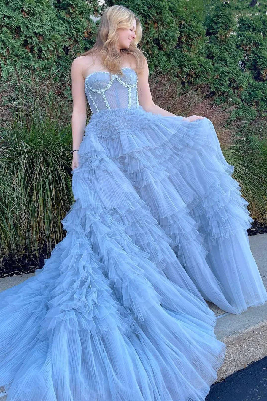 Evening dress with dramatic high collar-Princess Blue Strapless Tiered Tulle Prom Gown