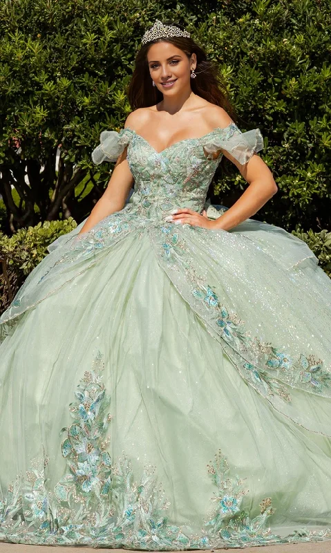 Evening dress with intricate lace embroidery-Quinceanera Ball Gown Princess Dress Sage Dress Floor Length Sleeveless Off Shoulder with Appliques