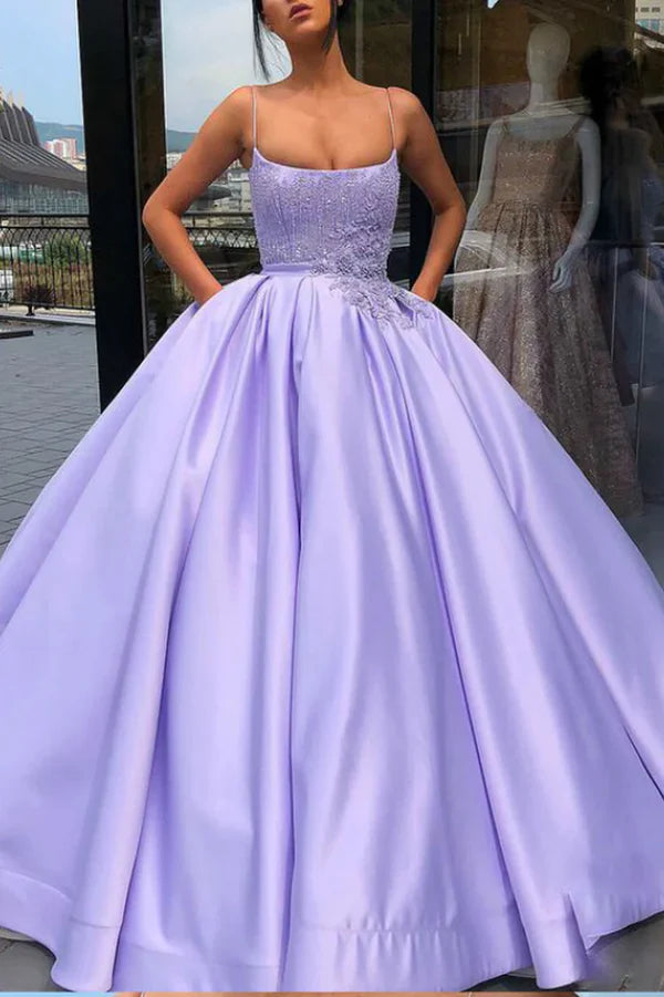 Colorful evening dress for festive event-Quinceanera Dress Lavender Ball Gown Spaghetti Straps Satin Dress With Pocket