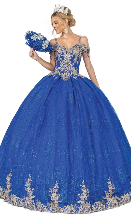 Evening dress with feather accents-Royal Blue Sweet 16 Floor Length Ball Gown Quinceanera Dresses with Appliques