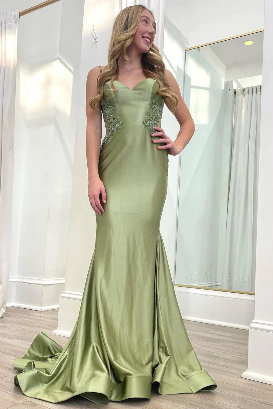 Evening dress with rhinestone trim-Sage Green Spaghetti Strap Backless Trumpet Long Gown