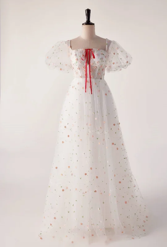 Evening dress for classy affair-Short Sleeves White Floral Long Formal Gown