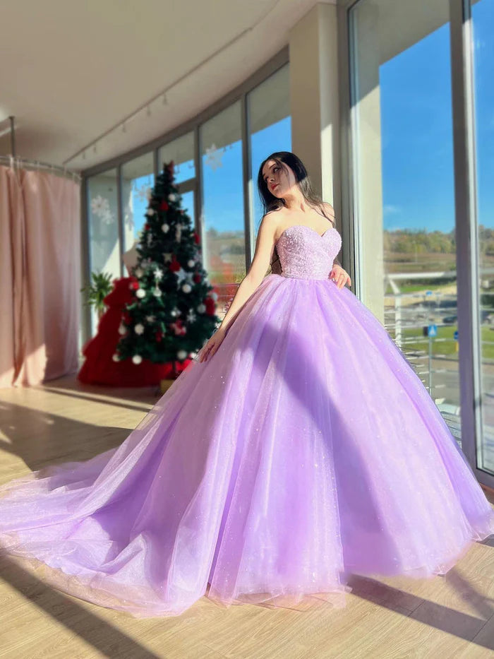 Floor-length evening dress for formal event-Sparkling Lilac Tulle Strapless Ball Gown Beaded Long Prom Quinceanera Dresses