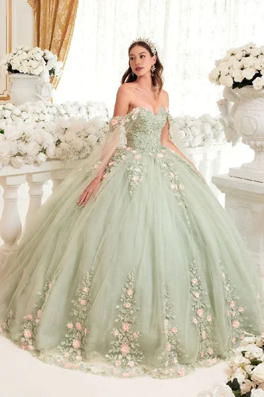 Evening dress for upscale party-Sparkling Sage Floral Blush Ball Gown Quinceanera Dress Ball Gown Quinceanera Dresses Princess Dress Party Dress with Cape