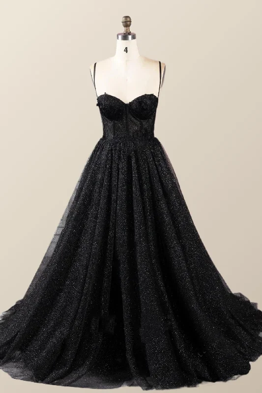 Evening dress for holiday gala-Straps Black Corset A-line Prom Gown