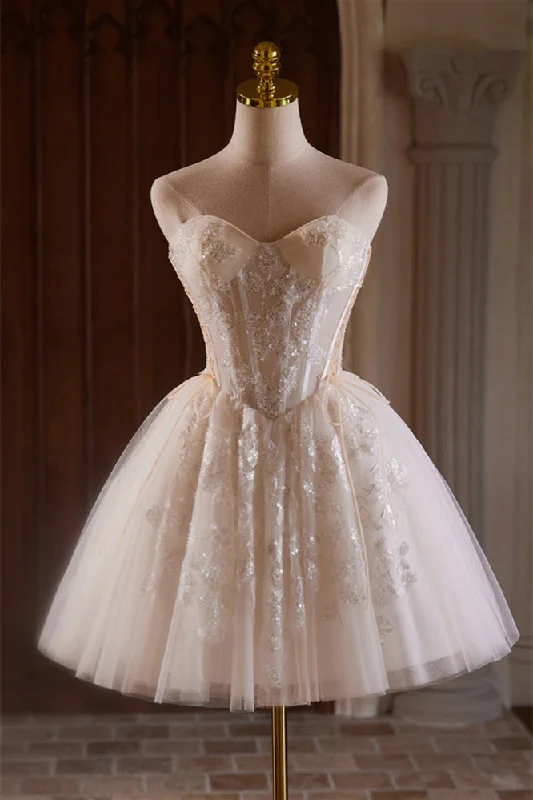 Evening dress with gorgeous detailing-Sweetheart Ivory Sheer Beaded Corset Short Princess Gown