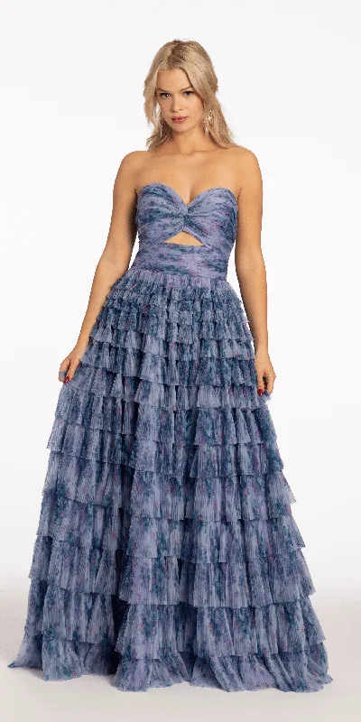 Evening dress for glamorous function-Sweetheart Peek-a-Boo Mesh Tiered Print Ballgown