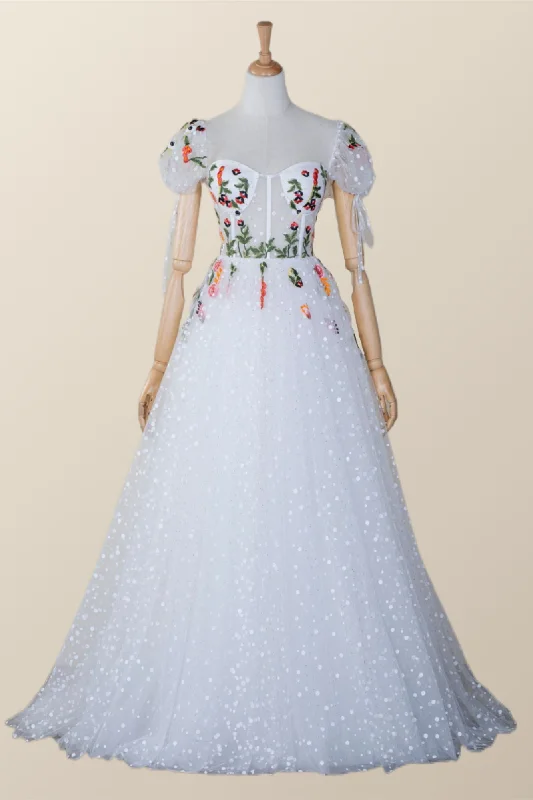 Evening dress with chic embroidery-White Floral Corset Cap Sleeves Long Formal Gown