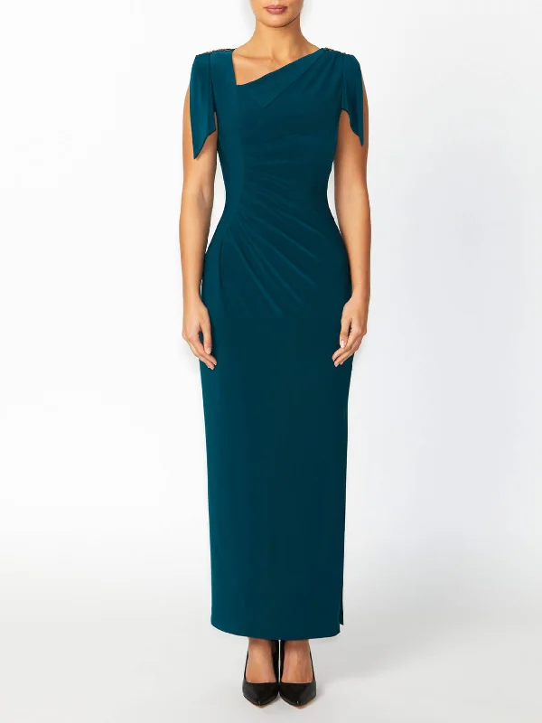 Evening dress with luxurious cut-Hebe Petrol Jersey Gown