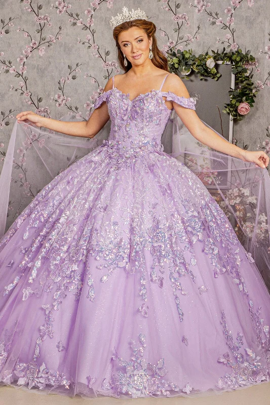 Evening dress with layered chiffon-3D Butterfly Cold Shoulder Cape Ball Gown by Elizabeth K GL3185