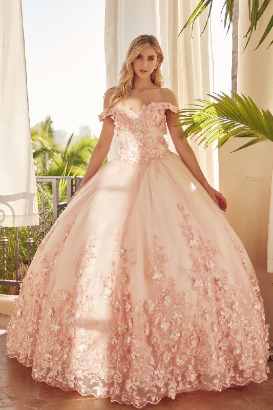 Evening dress with open front slit-3D Floral Off Shoulder Ball Gown by Juliet 1434