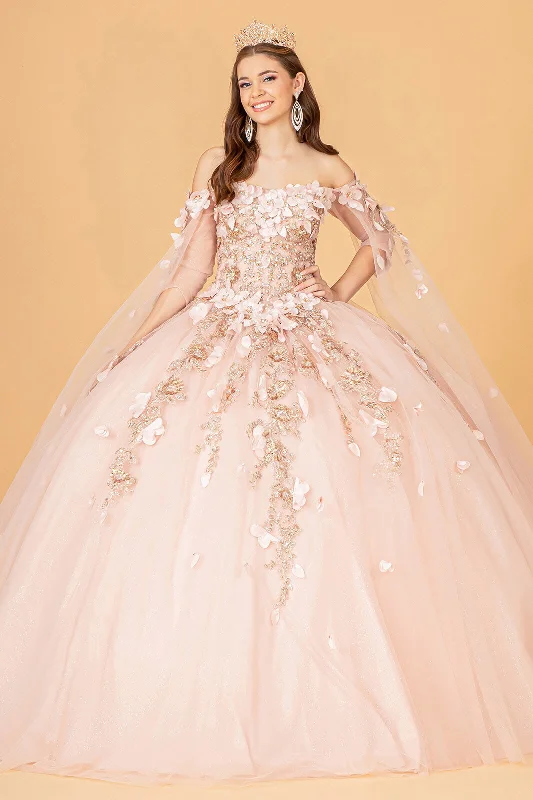 Evening dress with intricate beading-3D Floral Cape Sleeve Ball Gown by Elizabeth K GL3075