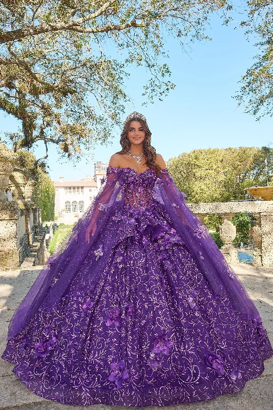 Evening dress for private event-3D Floral Cape Sleeve Quinceanera Dress by Amarra 54216