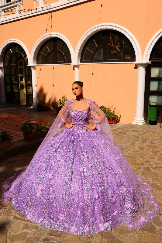 Evening dress with luxurious draping-3D Floral Glitter Cape Quinceanera Dress by Amarra 54248