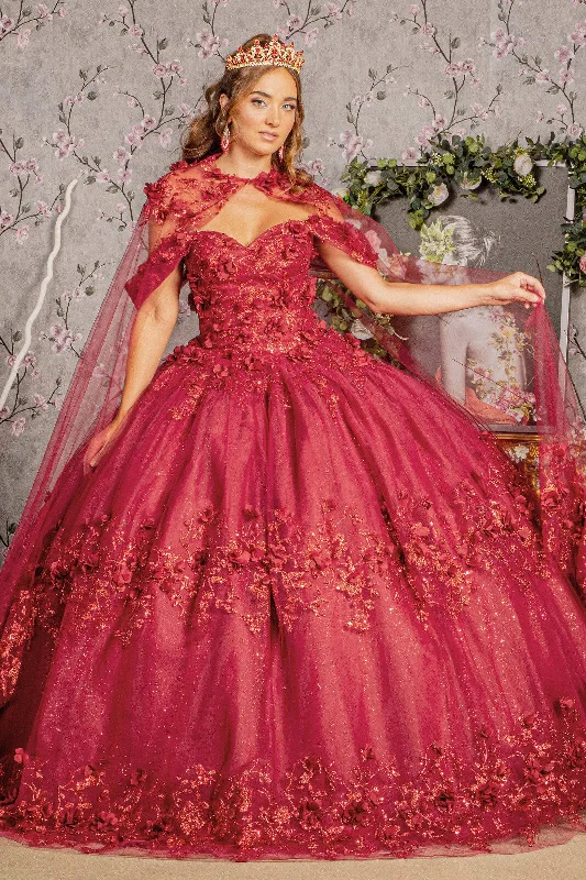 Evening dress with layered tulle skirt-3D Floral Off Shoulder Cape Ball Gown by Elizabeth K GL3179