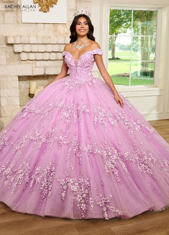 Elegant evening dress with dramatic slit-3D Floral Off Shoulder Quinceanera Dress by Rachel Allan RQ1134