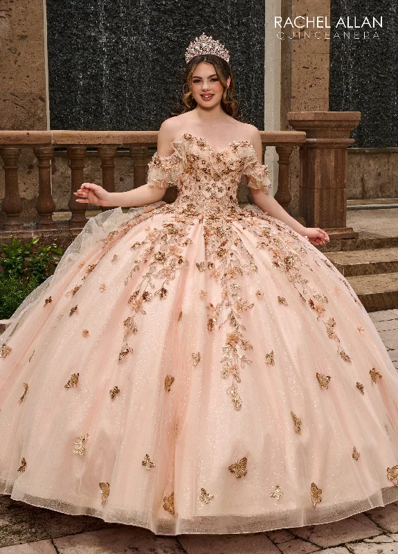 Evening dress for upscale affair-3D Floral Off Shoulder Quinceanera Dress by Rachel Allan RQ3120