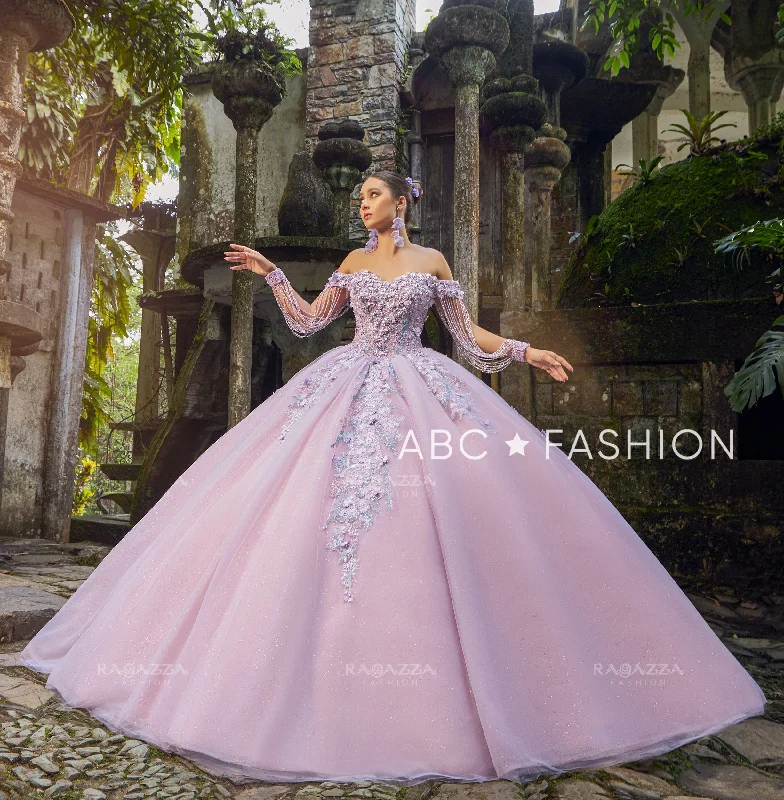 Evening dress with intricate beading-3D Floral Off Shoulder Quinceanera Dress by Ragazza EV30-630