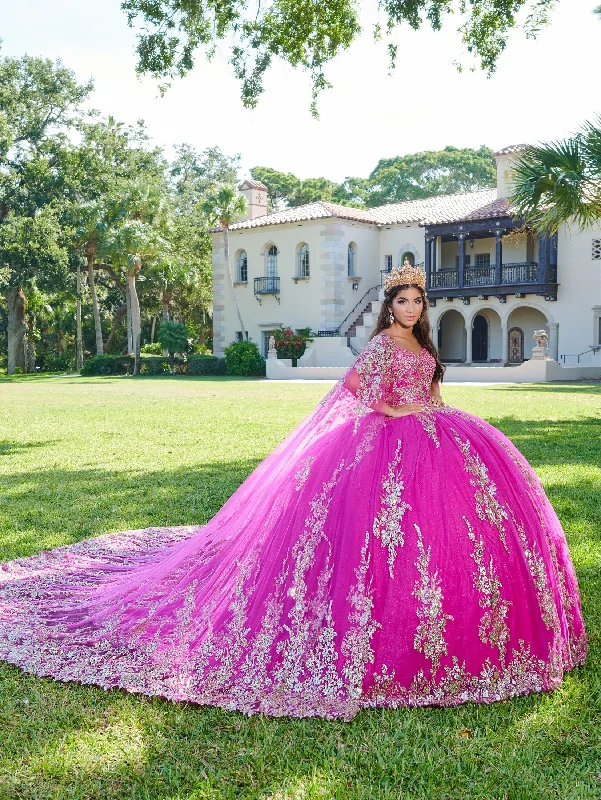 Evening dress with high collar-Applique Cape Quinceanera Dress by House of Wu 26083