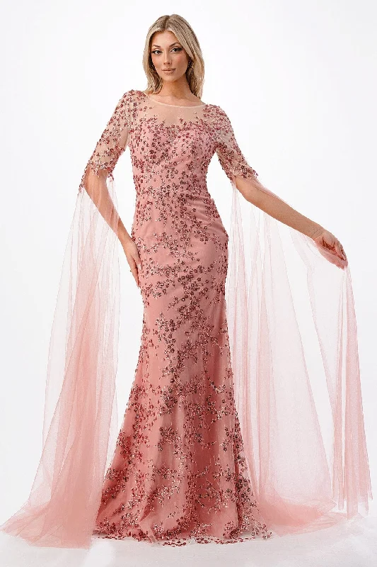 Evening dress for unforgettable celebration-Applique Cape Sleeve Mermaid Dress by Coya P2221