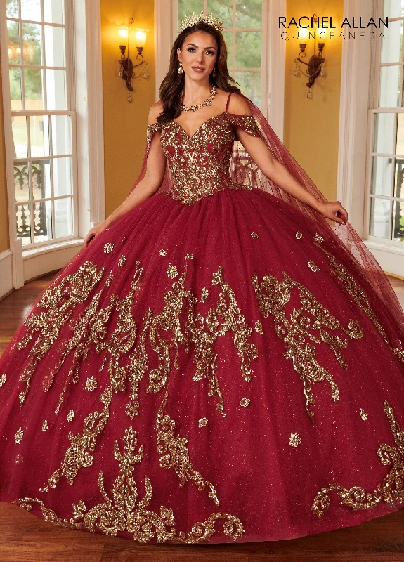 Evening dress with intricate lace embroidery-Applique Cape Sleeve Quinceanera Dress by Rachel Allan RQ2164