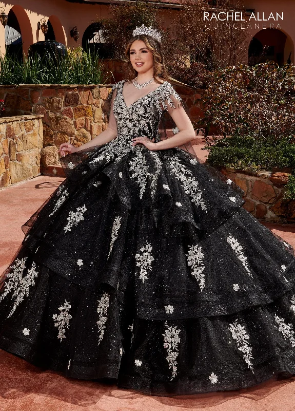 Elegant evening dress with layered skirt-Applique V-Neck Quinceanera Dress by Rachel Allan RQ2173