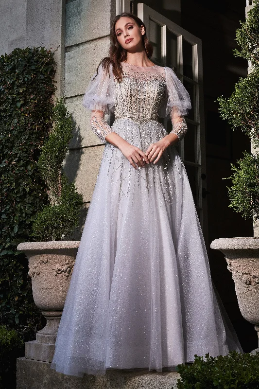 Evening dress for elegant gathering-Beaded 3/4 Sleeve Tulle Gown by Cinderella Divine B707