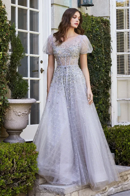 Evening dress for formal gathering-Beaded Short Sleeve Ball Gown by Cinderella Divine B708