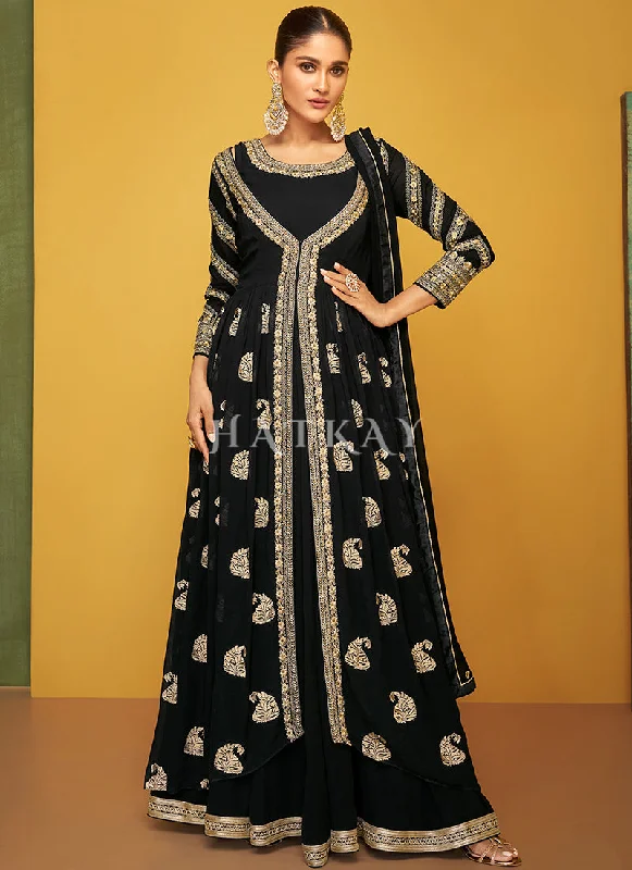 Elegant evening dress for glamorous event-Black Embroidery Jacket Style Anarkali Gown