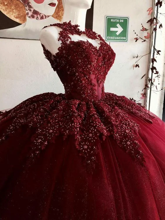 Formal evening dress with statement details-Burgundy Tulle Ball Gown Birthday Princess Dress cc114