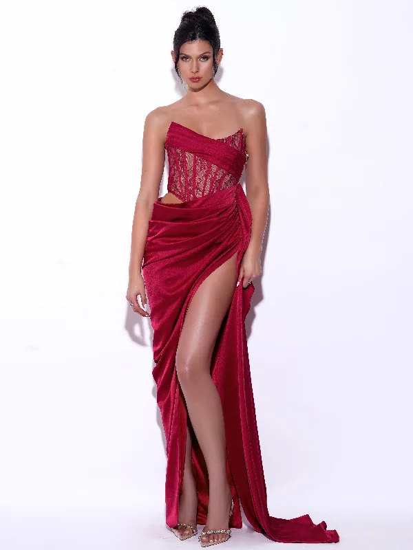 Evening dress for anniversary party-Callie Red Lace Satin Corset High Slit Gown