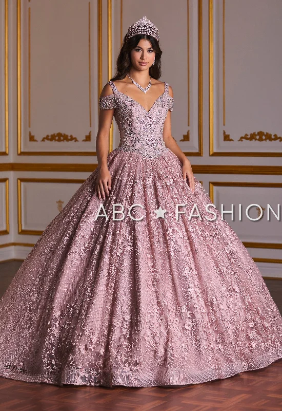 Evening dress for spectacular affair-Cold Shoulder Floral Lace Quinceanera Dress by House of Wu 26930