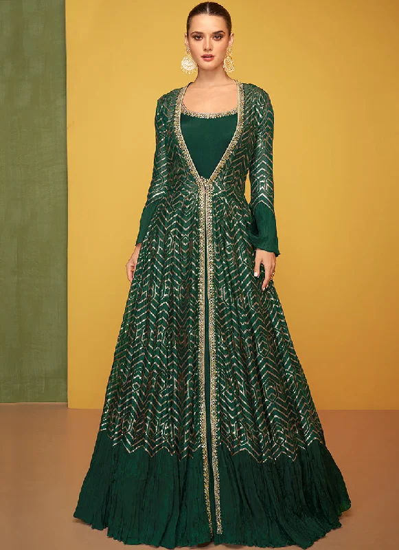 Evening dress with vintage embroidery-Dark Green Embroidery Jacket Style Anarkali Gown