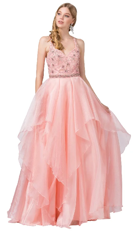 Evening dress with feather accents-Blush Pink Prom Ball Gown with Beaded Bodice