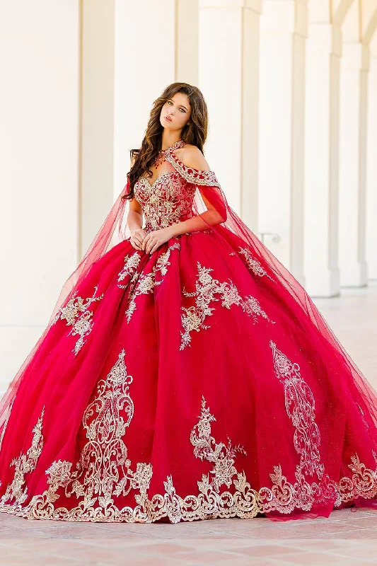 Evening dress with ornate beading-Embroidered Applique Cape Ball Gown by Petite Adele PQ1016