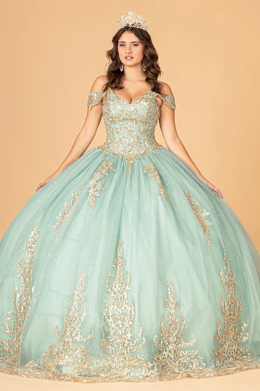 Evening dress for posh wedding-Embroidered Cold Shoulder Ball Gown by Elizabeth K GL3100