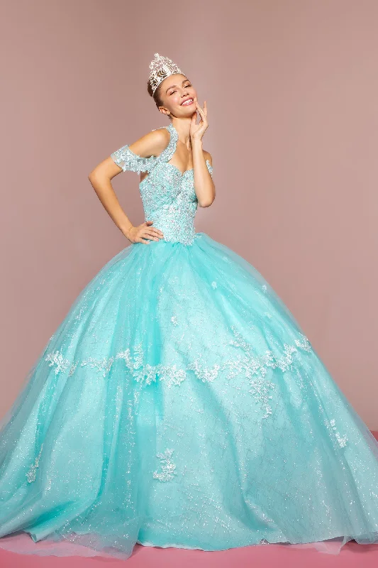 Evening dress with romantic lace-Embroidered Halter Ball Gown with Glitter Skirt by Elizabeth K GL2602