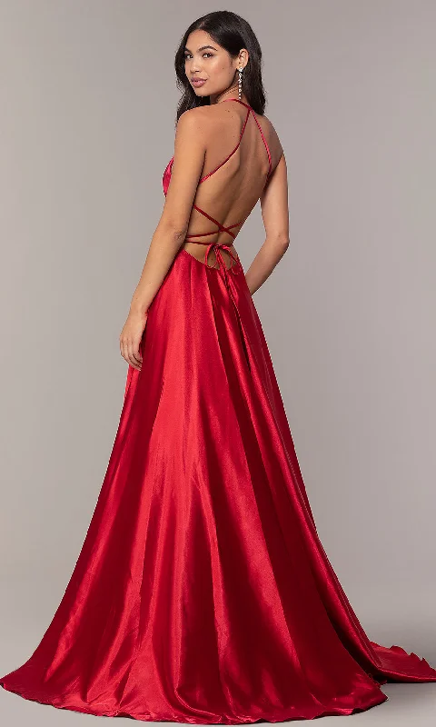 Trendy satin maxi dresses for special events-Faviana Long Open-Back Satin Formal Dress with Pockets