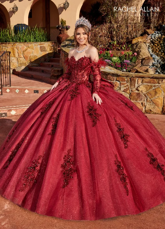 Evening dress for high-profile celebration-Feather Long Sleeve Quinceanera Dress by Rachel Allan RQ2171