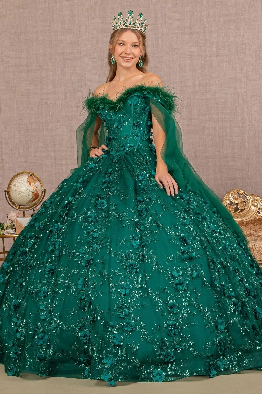 Evening dress with layered skirt-Feather Off Shoulder Ball Gown by Elizabeth K GL3101