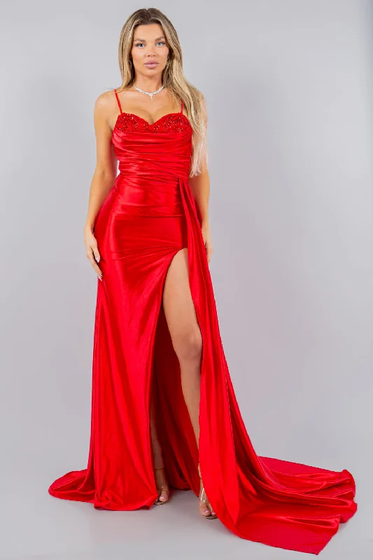 Evening dress for royal gathering-Fitted Beaded Satin Slit Gown by Cinderella Couture 8082J - Outlet