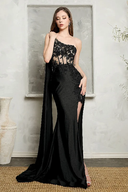 Evening dress for fabulous anniversary-Fitted Embroidered One Shoulder Corset Gown by Juno M1037 - Outlet