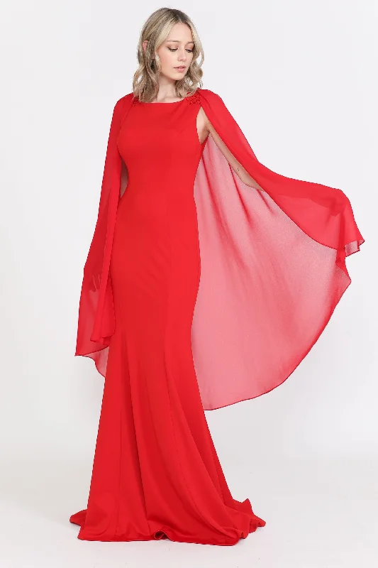 Evening dress for fabulous event-Fitted Long Sleeveless Cape Dress 8566 - Outlet