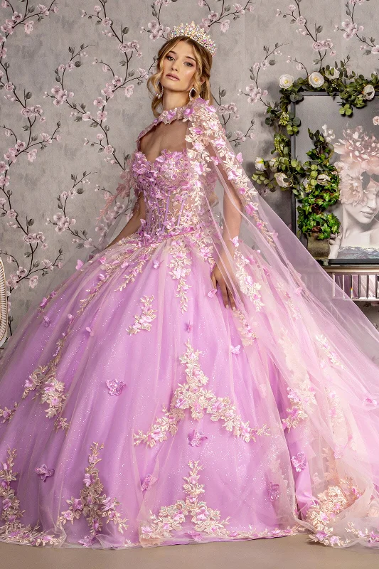 Evening dress for celebrity-inspired event-Floral Applique Cape Sleeve Ball Gown by GLS Gloria GL3467